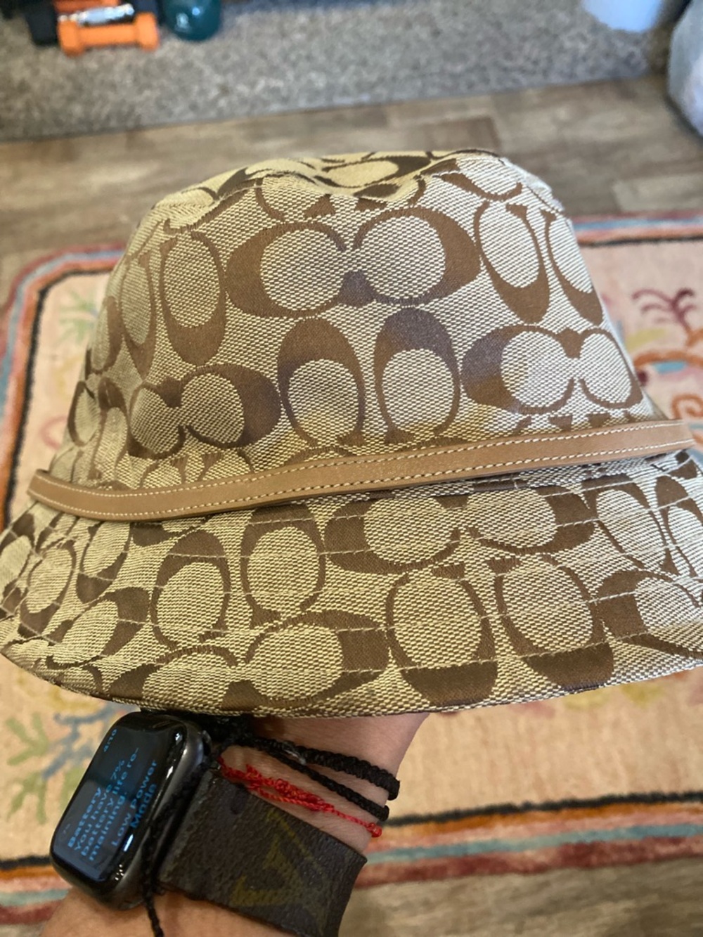 Vintage Coach CC Monogram Bucket Hat Brown/Tan Canvas Vegan Leather Accent Y2K - Picture 4 of 8